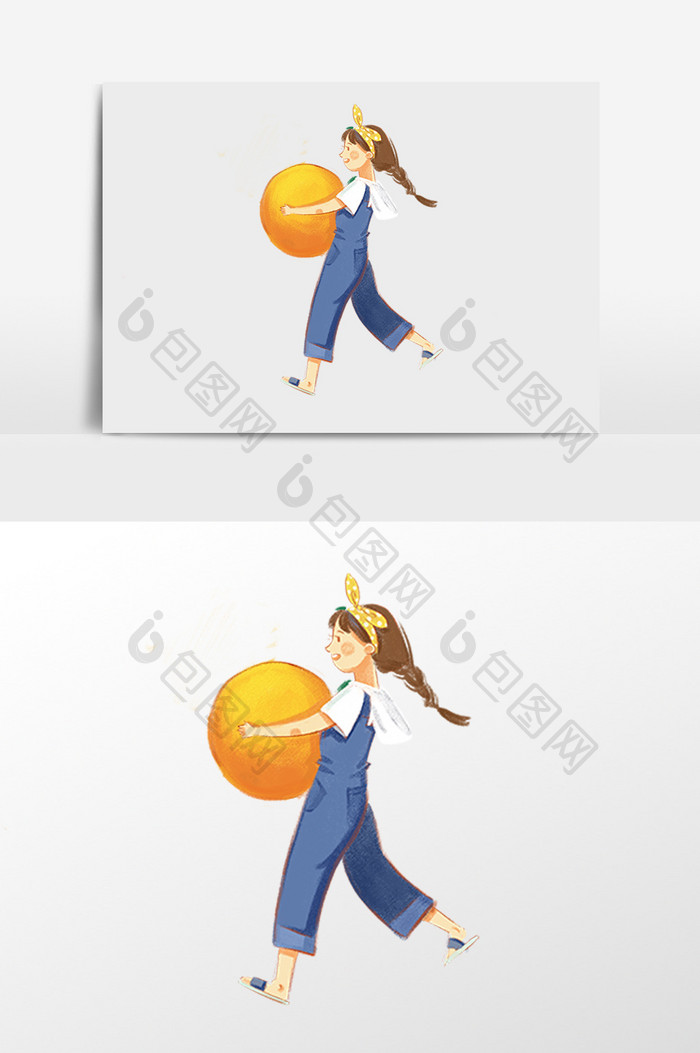 手绘抱着橘子的女孩插画元素