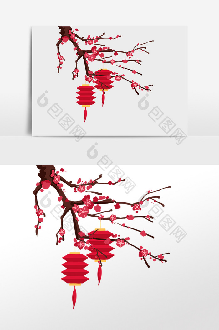 手绘中国风梅花折叠灯笼插画元素