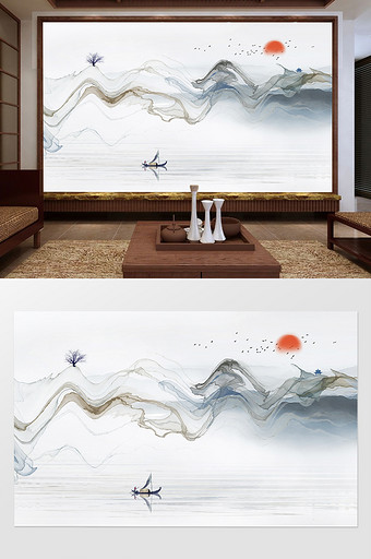 新中式抽象云雾水墨山水电视背景墙图片