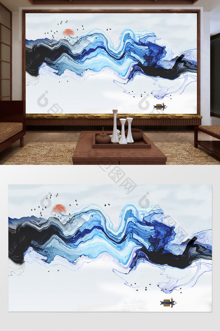 新中式蓝色抽象水墨山水背景墙定制