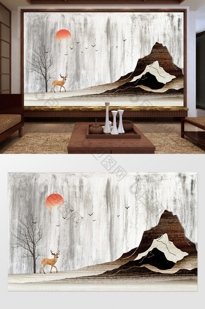 新中式纹理山水麋鹿风景背景墙