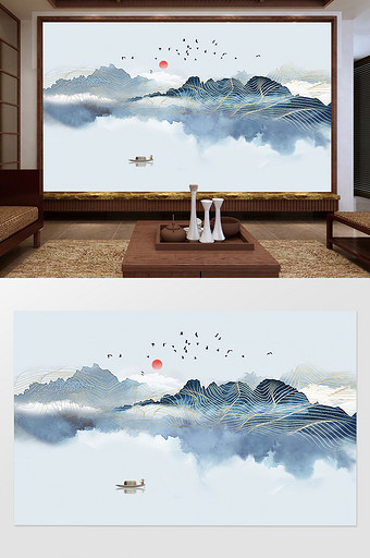 新中式抽象唯美线条山水背景墙定制图片