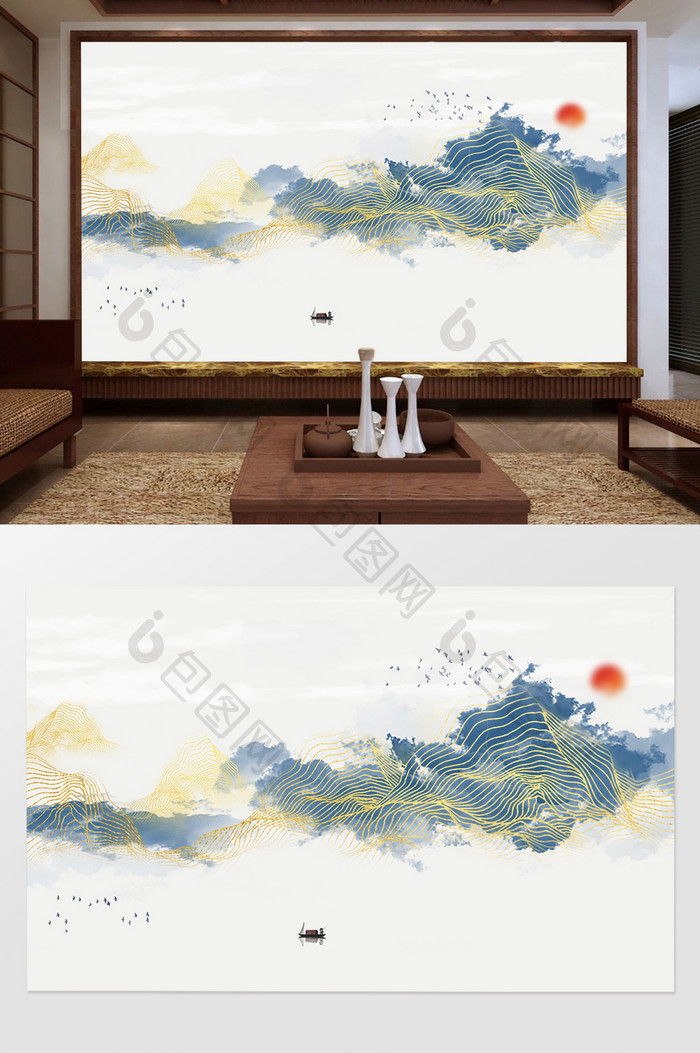 新中式抽象水墨山水金色线条电视背景墙定制