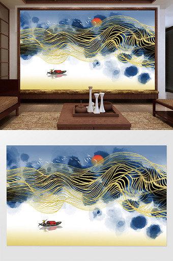 新中式金色线条抽象山水背景墙图片
