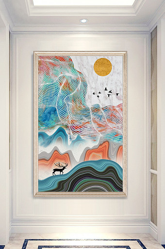 中式北欧山峰创意线条飞鸟小鹿玄关装饰画图片