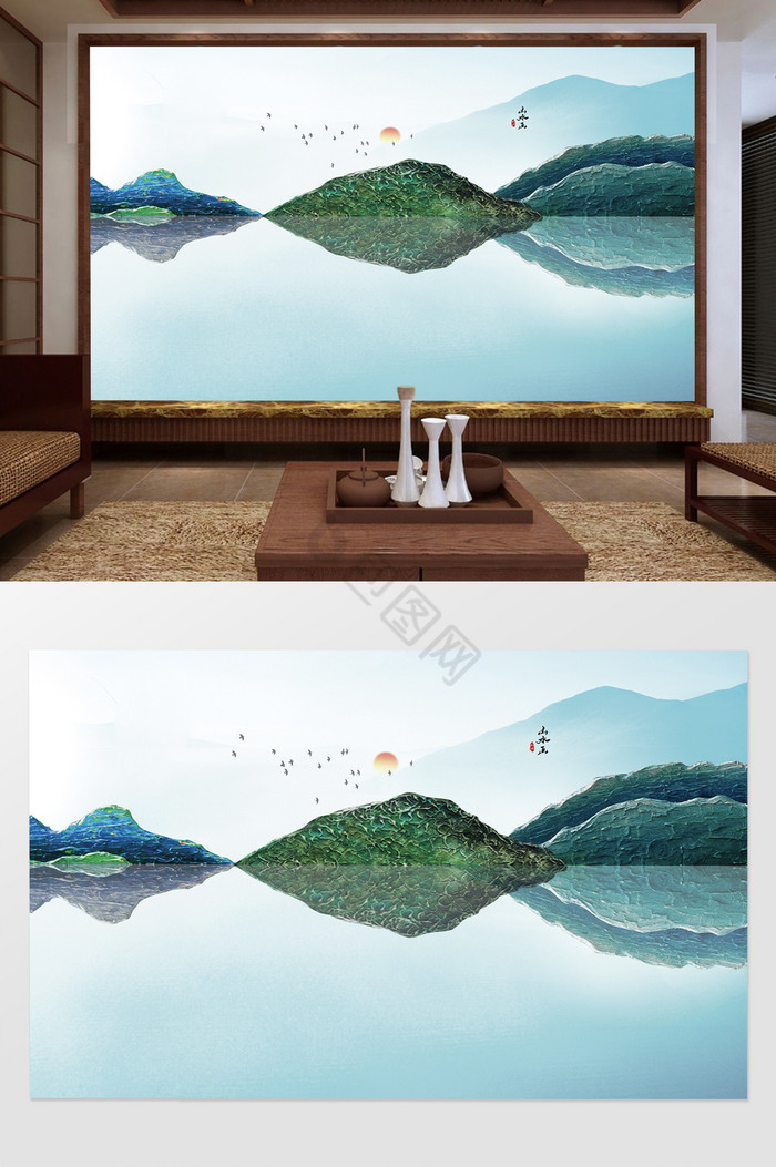 新中式意境水墨山水石纹背景墙装饰图片