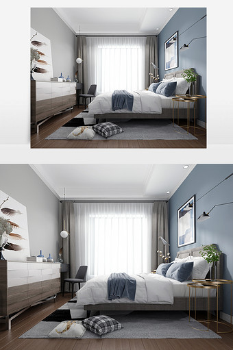 白色双人大床和实木边柜效果图图片