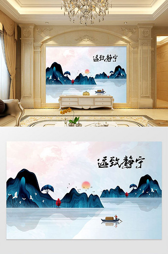 新中式石纹意境水墨山水背景墙装饰图片