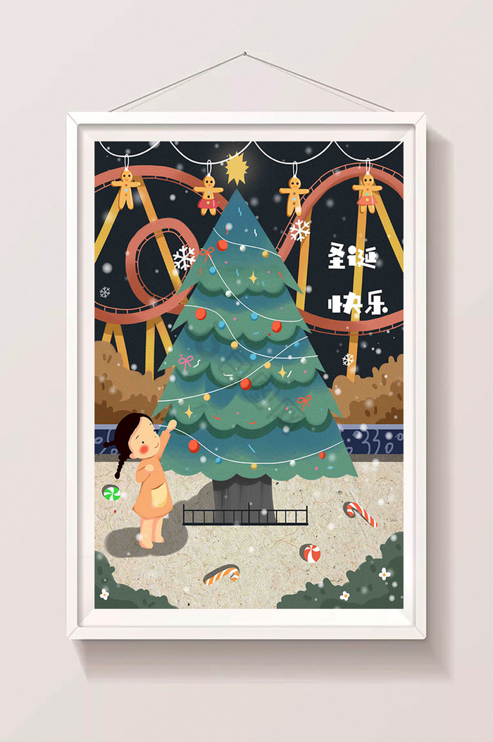 夜景圣诞节圣诞树插画图片