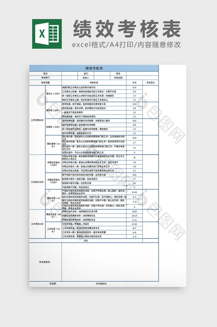 蓝白配色绩效考核表  excel表格模板