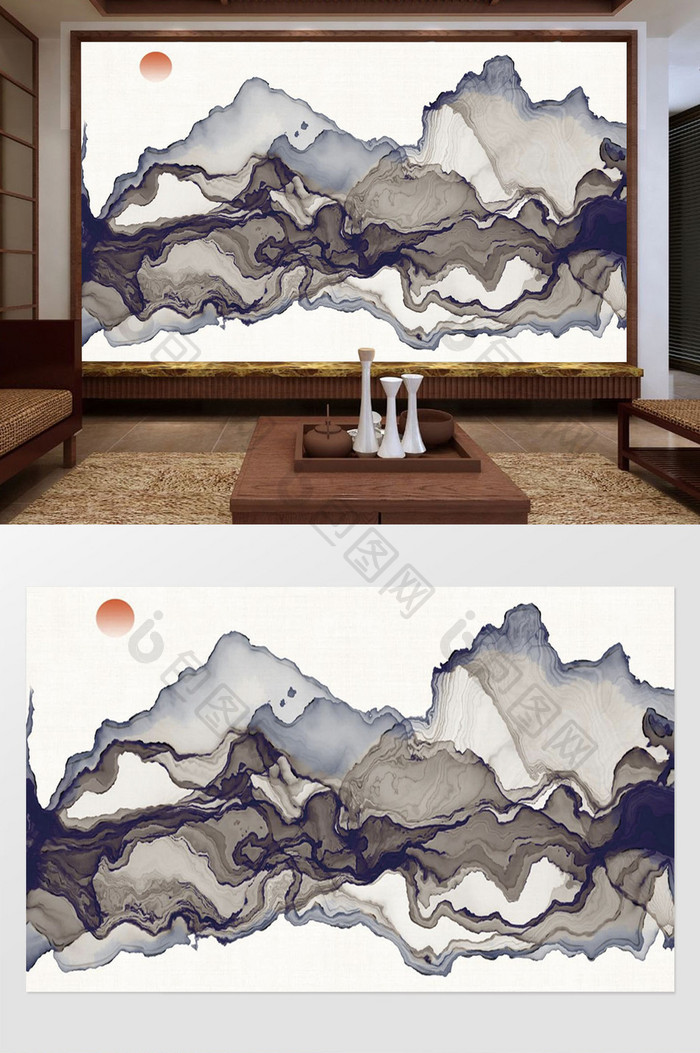 新中式山水墨抽象电视背景墙