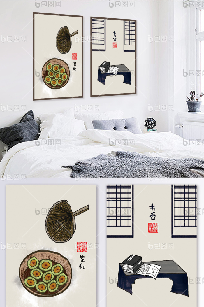 手绘文艺民俗手绘创意书房餐厅装饰画-手绘文艺民俗手绘创意书房餐厅装饰画效果图-【包图网】