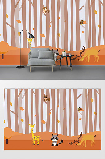 现代简约卡通手绘树林动物背景墙壁画图片