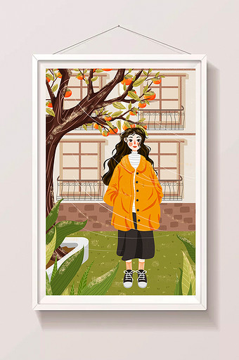 清新二十四节气霜降插画柿子树前女孩插画图片