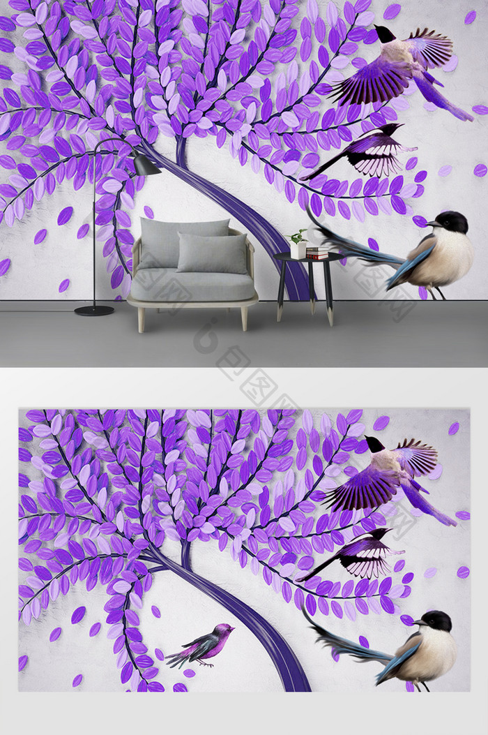现代唯美手绘3d浮雕发财树小鸟电视背景墙
