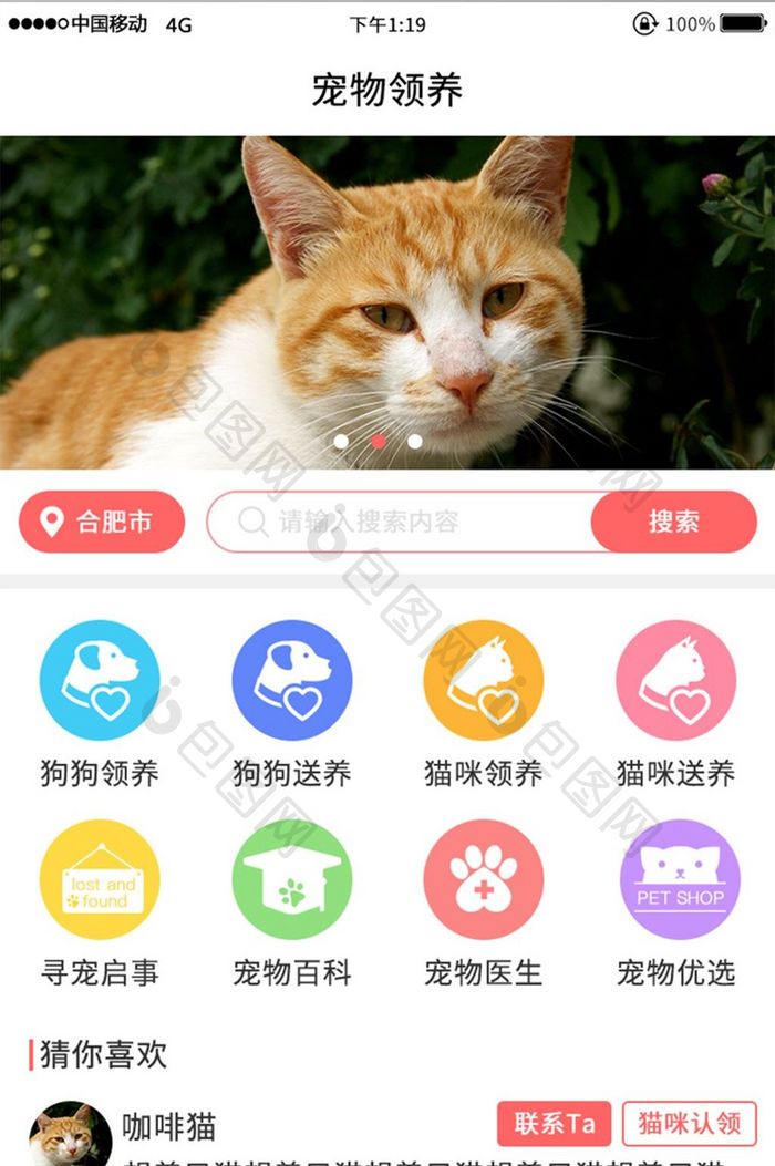 简约彩色宠物领养app首页