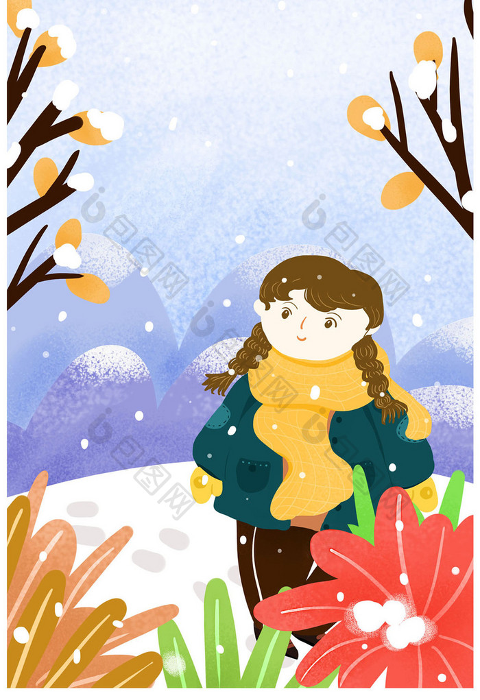 小雪女孩雪地看雪景插画