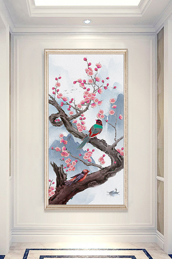 中式唯美花卉鸟儿山水画玄关装饰画图片