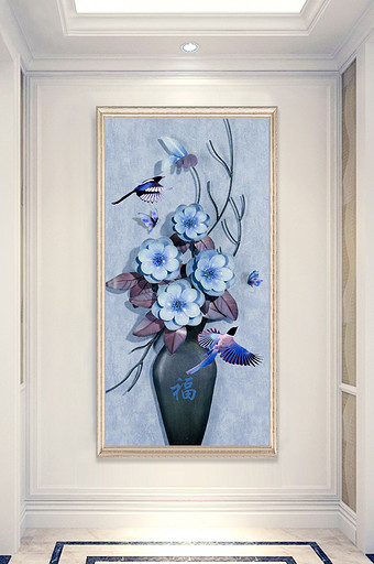 中式花卉花瓶蝴蝶飞鸟玄关装饰画图片