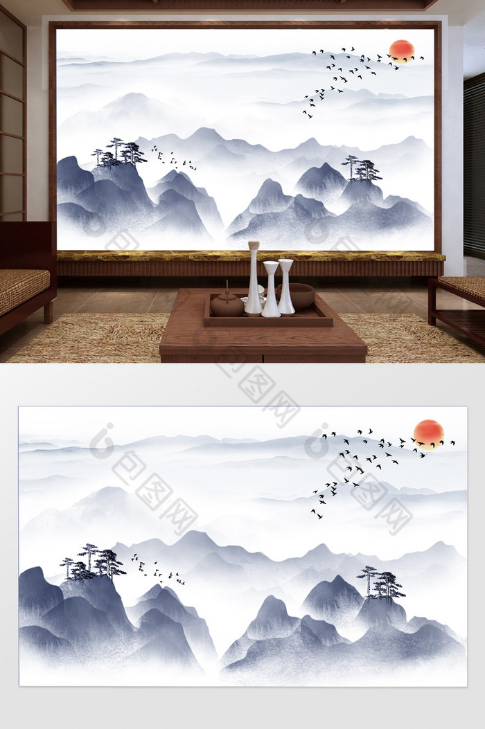 新中式水墨意境烟雾朦胧山电视机背景墙图片图片