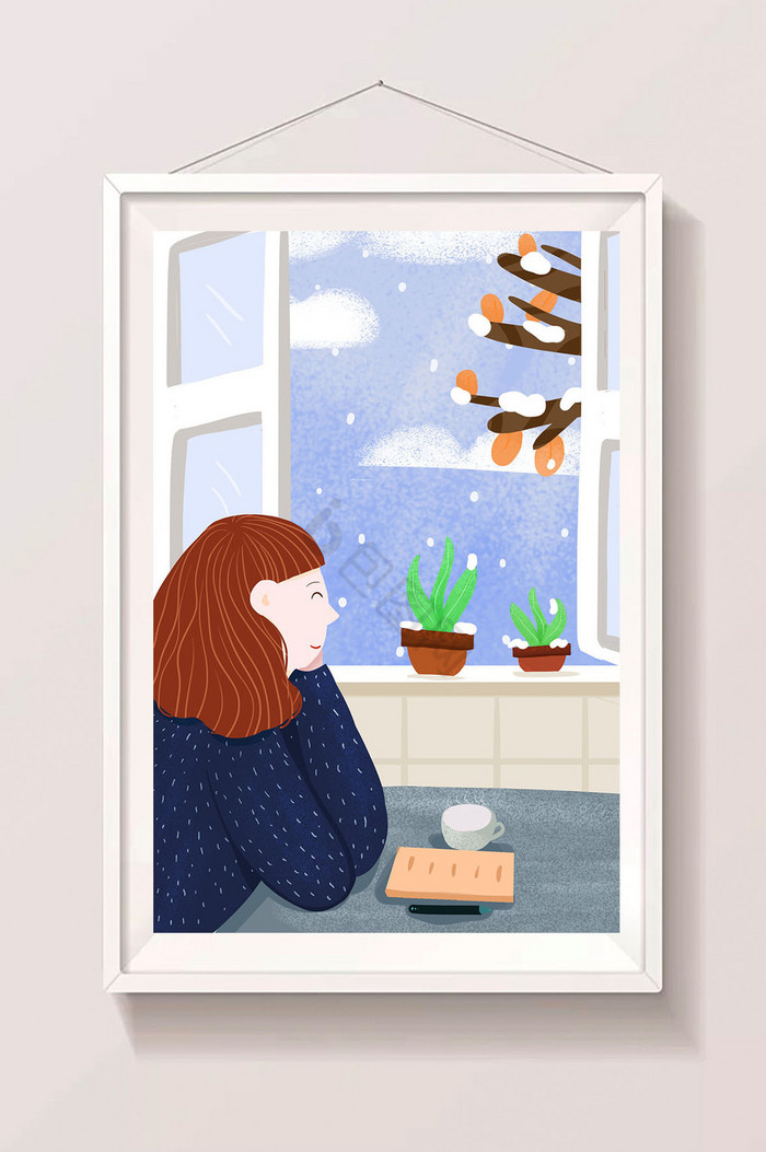 小雪女孩坐在窗前看雪插画图片