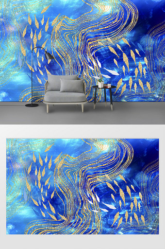唯美现代简约抽象鱼蓝色背景墙图片