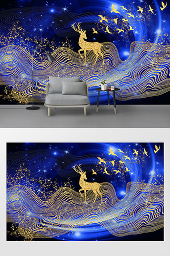 梦幻现代金色抽象鹿背景墙图片