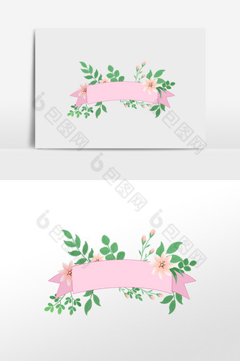 手绘热带植物彩带边框插画元素图片
