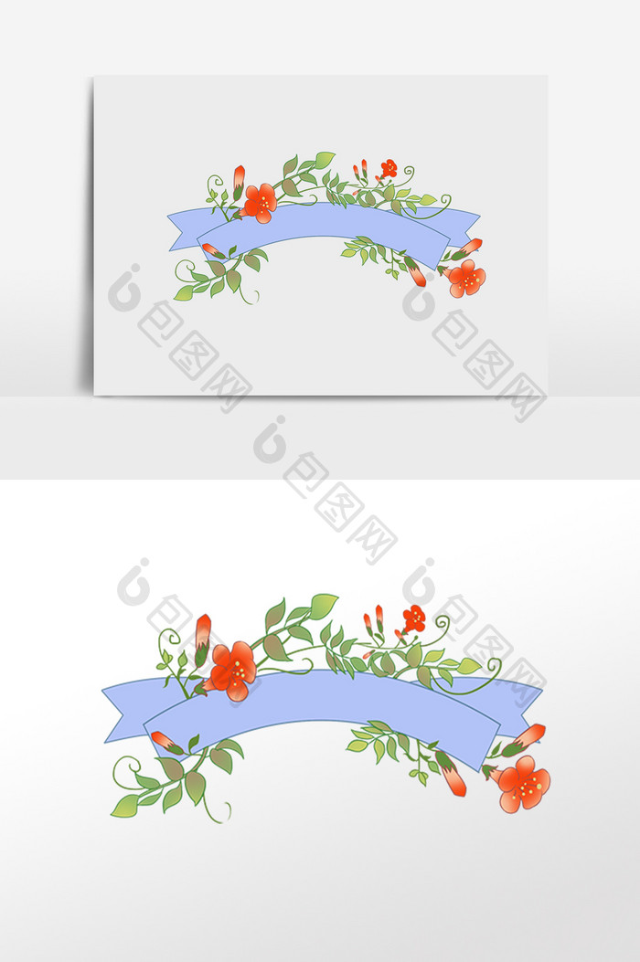 手绘蓝色彩带花朵装饰边框插画元素