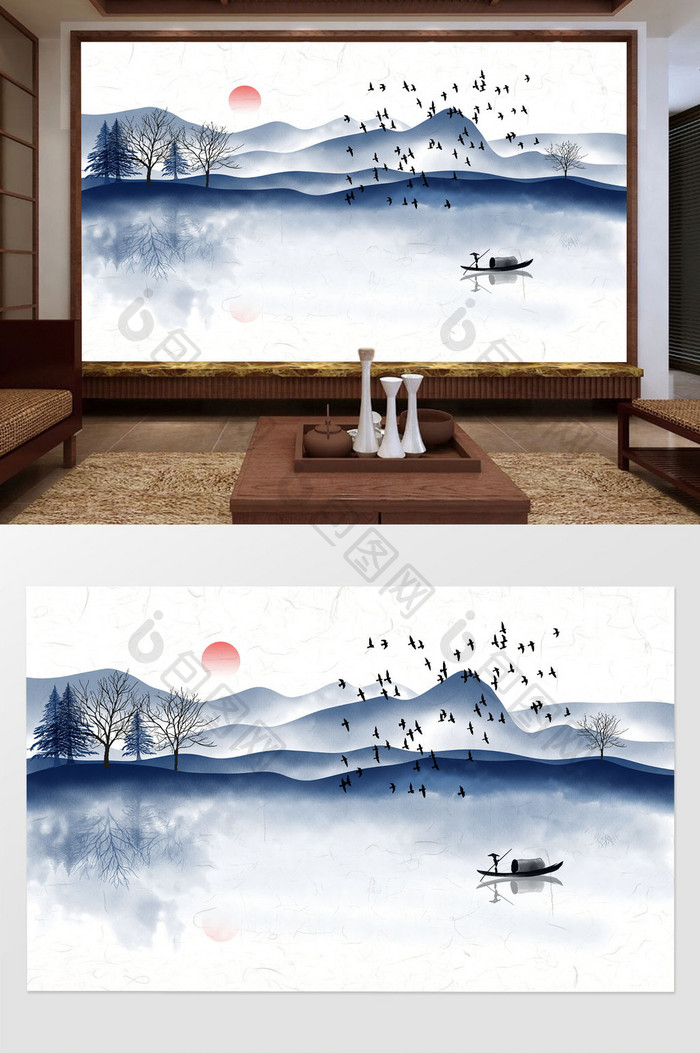 新中式水墨蓝色意境山水风景电视背景墙