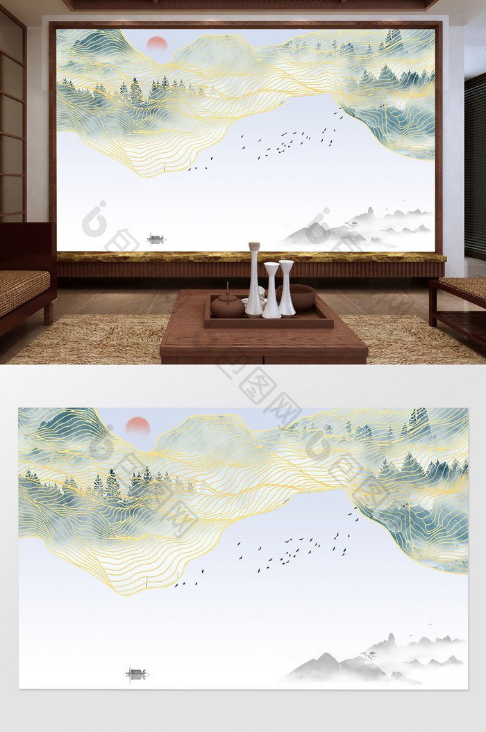 新中式抽象水墨山水金色线条电视背景墙