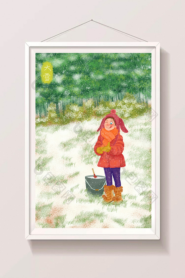 唯美清新大雪节气下竹林旁边铲雪舔雪的小孩