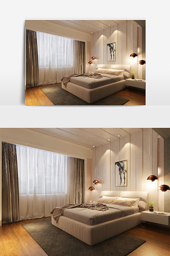 暖灰色双人床和白色床头柜图片