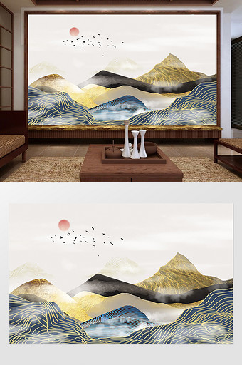 新中式抽象立体金箔线条山水背景墙定制图片