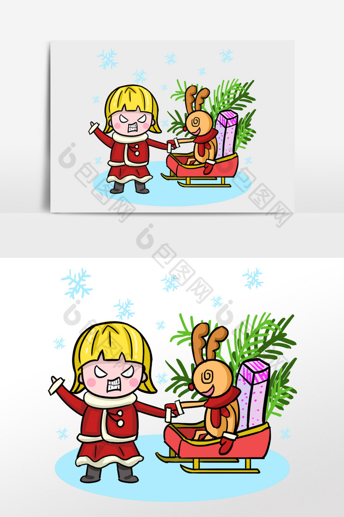 红蓝绿圣诞女孩雪橇车插画图片图片