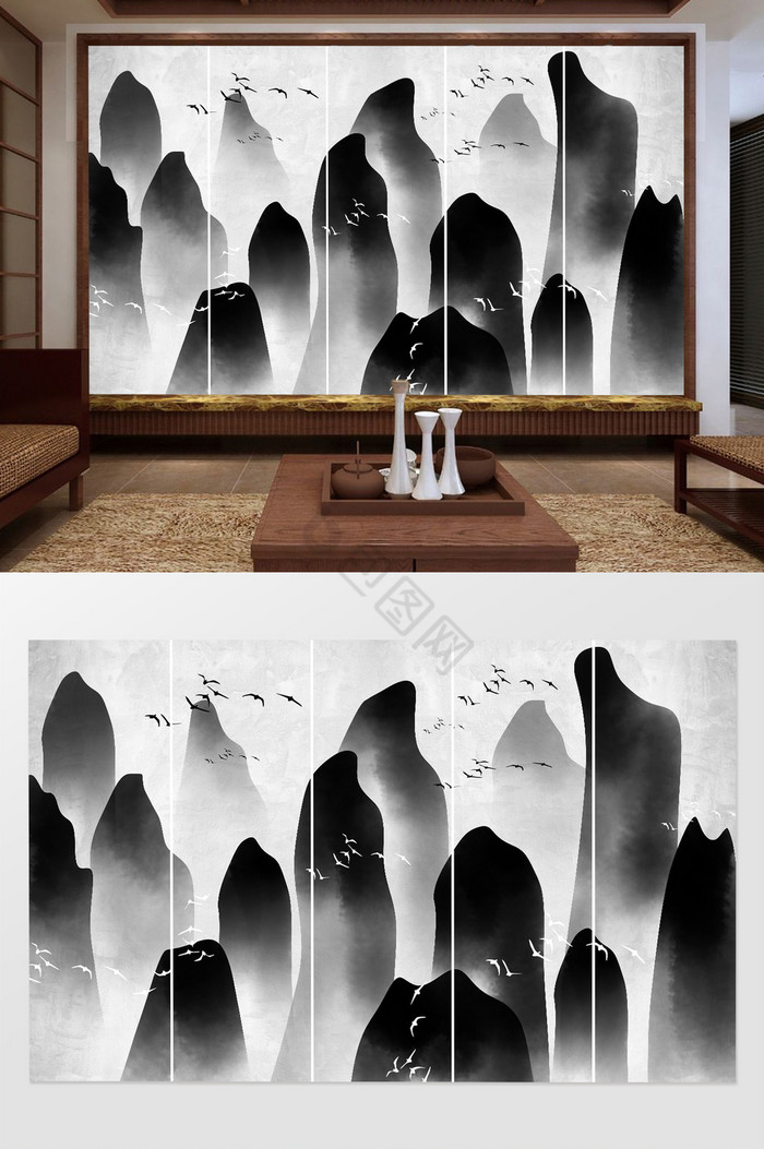 中式水墨意境风景山水情电视背景墙图片