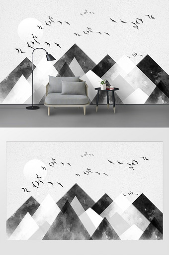 几何现代简约手绘水墨抽象山水电视背景墙图片