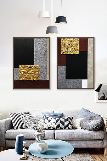 北欧抽象几何金箔方块装饰画素材背景墙图片