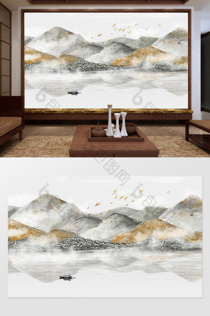 新中式抽象浮雕立体石纹山水背景墙