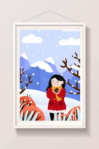 小雪节气女孩雪地看雪景插画图片
