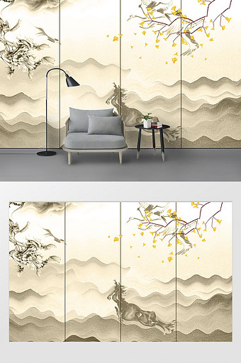 原创新中式抽象意境水墨山水电视沙发背景墙图片