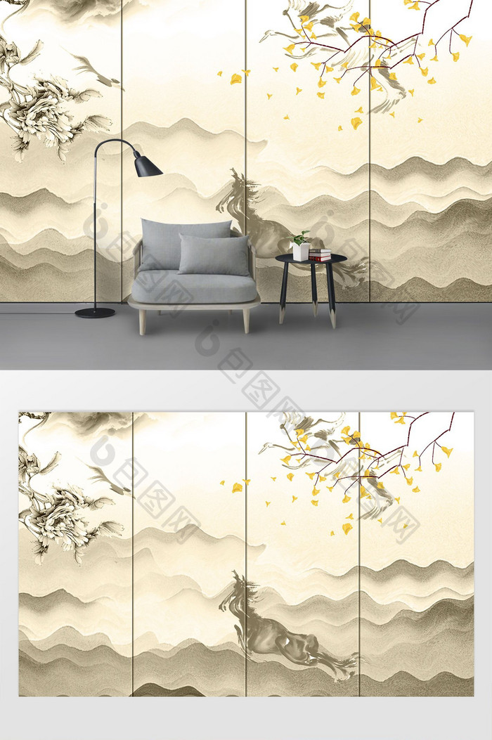 原创新中式抽象意境水墨山水电视沙发背景墙