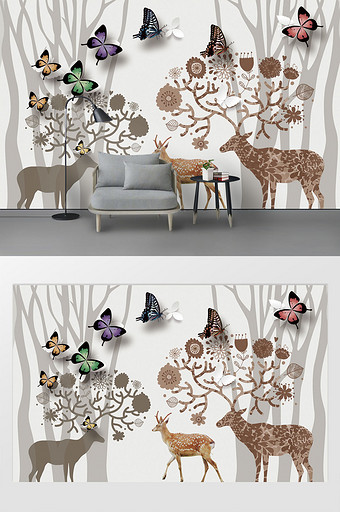 现代森林小鹿蝴蝶背景墙图片