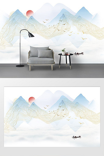 新中式抽象水墨山水唯美大气背景墙图片