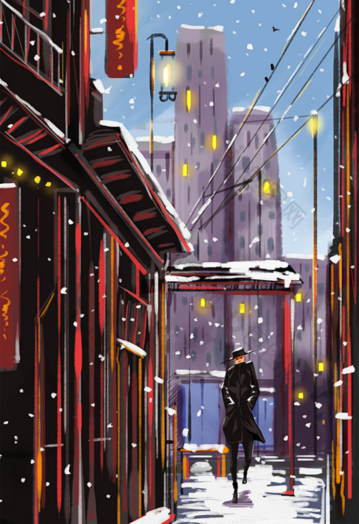 街景唯美清新风小雪插画