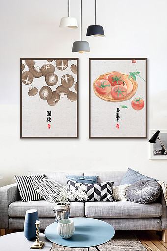 新中式水墨手绘民族风蔬菜瓜果餐厅装饰画图片