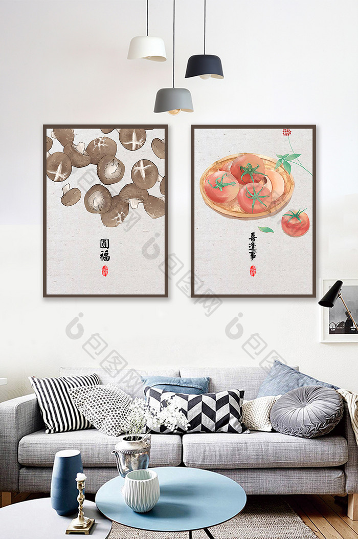 新中式水墨手绘民族风蔬菜瓜果餐厅装饰画