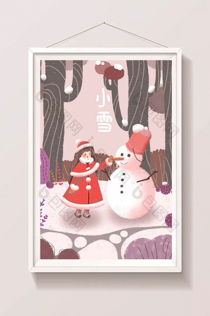 红色温暖可爱卡通儿童雪地堆雪人节气插画