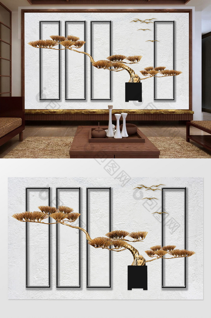 新中式造型古松浮雕画框飞燕背景墙