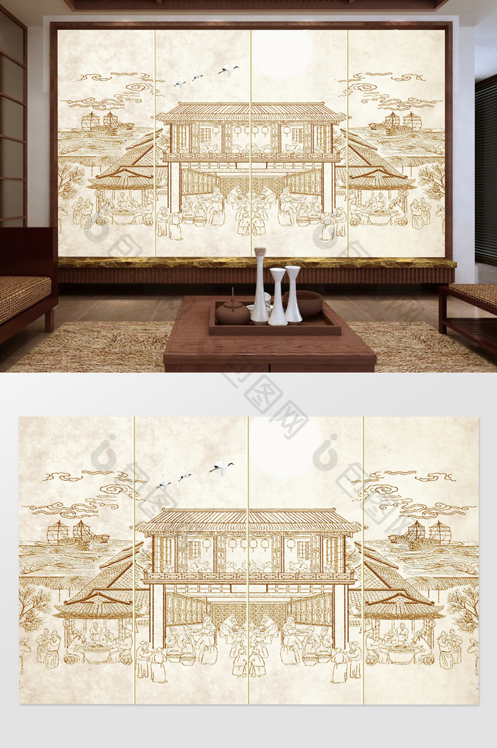 新中式手绘古代建筑背景墙装饰画